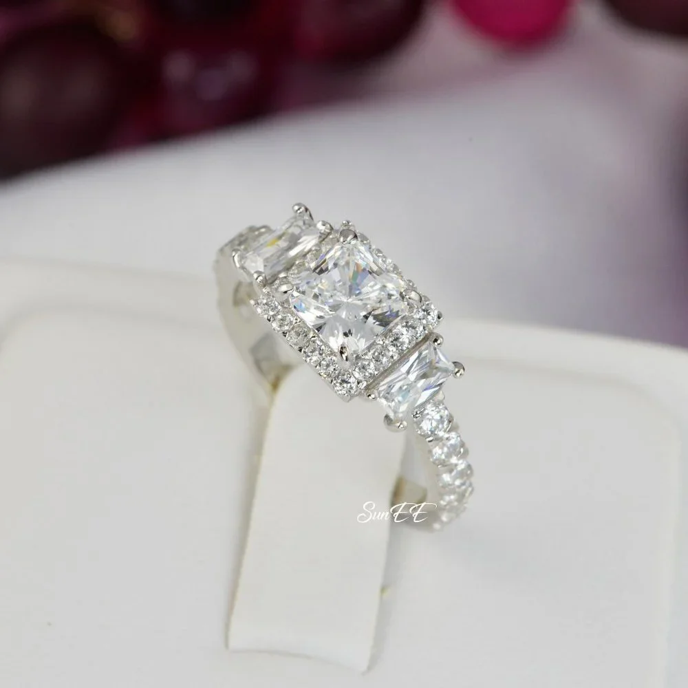 NEW 925 STERLING SILVER HALO PRINCESS DIAMOND CUT WEDDING RINGS ENGAGEMENT RINGS - Picture 5 of 5